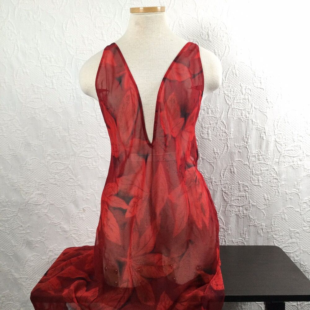Vintage 90s Fredericks Hollywood Sheer Red Sexy Nightgown M Low VNeck Seductive